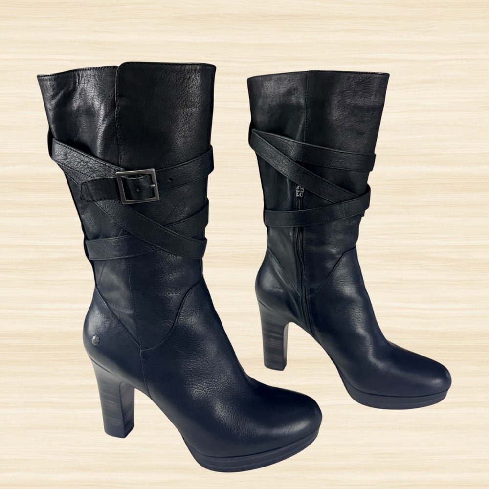 UGG Jardin Black Leather Moto Buckle Strap Mid Calf Heeled Boots Womens 9 - Picture 2 of 13